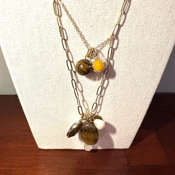 NWT 2 Chic Necklace 18K Gold Plated 2Chic Pendant Brown stone Multilayer Western - Picture 2 of 9